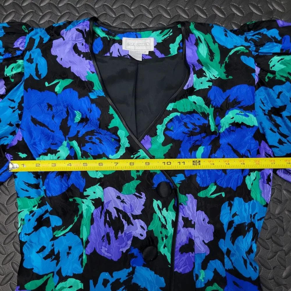 Vintage Silk Studio 100% Silk Floral Midi Dress Size 4 80s 90s Puff Sleeve